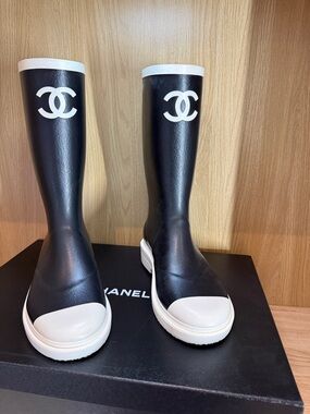 CHANEL Black and White Logo Tall Rain Boots
